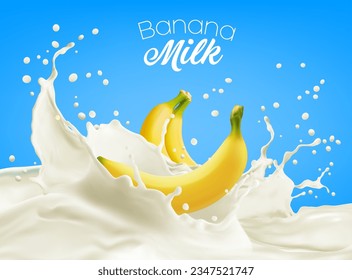 Realistische Bananenmilch trinken oder Jogurt mit Spritzen. Vektorpromo-Banner mit cremigem und nachgiebigem Jogurt oder Milcherzeugnis, das mit dem Wesen reifer Bananen infiziert ist und dynamische Splash-Tropfen aufweist