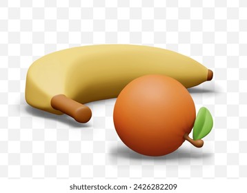 Realistic banana and orange close up. Isolated color vector image of tropical fruit