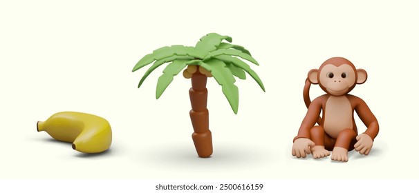 Realistic banana, palm tree, monkey. Set of isolated vector templates