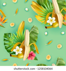 Realistic banana pattern with compositions of banana fruit tropical leavrs flowers and slices with turquoise background vector illustration