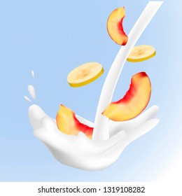 Realistic banana and peach sweet milk splashes.