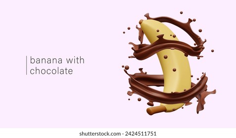 Realistic banana in splashes of melted chocolate. Sweet snack, delicacy