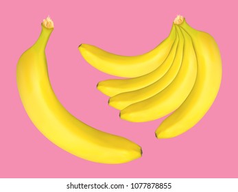 Realistic Banana. Vector Banana Bunch in Pastel Color Design. Delicious Tropical Fruits. Realistic Yellow Bananas for Wallpaper, Packaging, Paper, Tablecloth, Advertising, Marketing, Illustration.