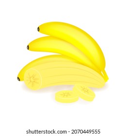 Realistic banana yellow ripe banana  peeled and without peel sliced for product decoration Realistic drawing on a white background bright design isolated on a white background Vector illustration