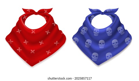 Realistic bandana. 3d scarves, cowboy style red and blue neckerchiefs with prints, fashion neck and head accessories, patterned textile tied hanky. Western or biker style clothes vector set