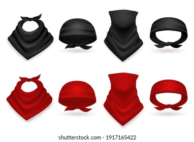 Realistic bandana set. Colored black and red handkerchiefs, scarf and neck accessory, stylish fabric head and hair accessories, west style, costume element, fashion template vector isolated 3d mockup