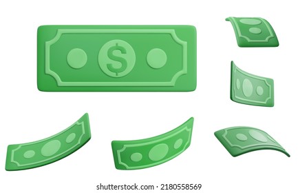 Realistic banknote currency in cartoon style. 3D green paper dollars. Set of twisted money. Vector illustration