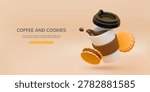 Realistic banner with coffee paper cap, beverage splash and delicious cookies. 3D breakfast composition featuring hot drink, sweet dessert elements for cafe design, Vector illustration