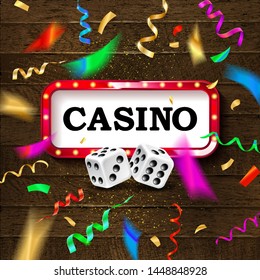 Realistic banner with dice, color gold vintage frame and inscription casino on wooden background with confetti for banner design night party at the casino. Vector illustration