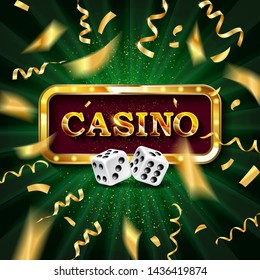 Realistic banner with dice, gold vintage frame and inscription casino on a red background with confetti for banner design night party at the casino. Vector illustration