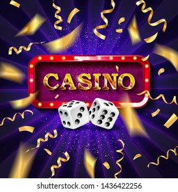 Realistic banner with dice, gold vintage frame and inscription casino on a red background with confetti for banner design night party at the casino. Vector illustration