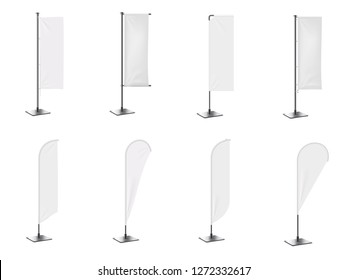 Realistic Banner Flag 3d Mockup On White Backdrop. White  Empty 