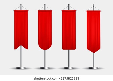 Realistic banner flags. 3D red blank textile signs and waving fabric for advertising. Royal flags, hanging pennant and silk banners