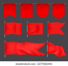 Realistic banner flags. 3D red blank textile signs and waving fabric for advertising. Royal flags, hanging pennant and silk banners