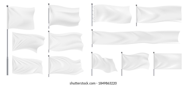 Realistic banner flags  3D white blank textile signs   waving fabric for advertising  Isolated horizontal chrome steel stands hold empty canvases  Templates for logo   emblem  vector pennant set