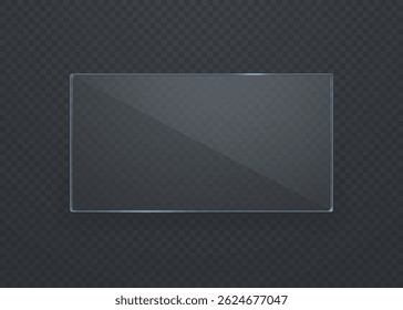 Banner realista feito de vidro plano transparente. Vidro ou espelho sobre fundo escuro. Vitrine ou janela de vidro transparente. Ilustração em 3d vetorial.