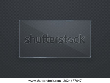 Realistic banner made of flat transparent glass. Glass or mirror on a dark background. Transparent glass showcase or window. Vector 3d illustration.