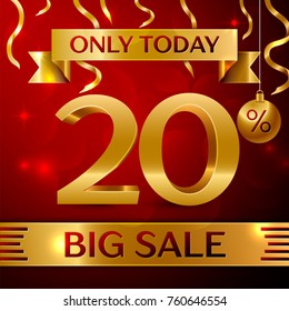Realistic banner Merry Christmas with text Big Sale only today twenty percent for discount on red background. Confetti, christmas ball and gold ribbon. Vector Illustration