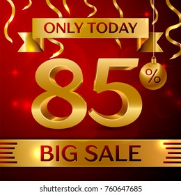 Realistic banner Merry Christmas with text Big Sale only today eighty five percent for discount on red background. Confetti, christmas ball and gold ribbon. Vector Illustration