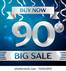 Realistic banner Merry Christmas with text Gold Big Sale buy now ninety percent for discount on blue background. Confetti, christmas ball and gold ribbon. Vector Illustration
