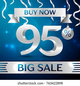 Realistic banner Merry Christmas with text Silver Big Sale buy now ninety five percent for discount on blue background. Confetti, christmas ball and silver ribbon. Vector Illustration
