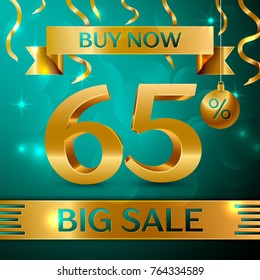 Realistic banner Merry Christmas with text Gold Big Sale buy now sixty five percent for discount on green background. Confetti, christmas ball and gold ribbon. Vector Illustration