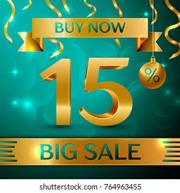 Realistic banner Merry Christmas with text Gold Big Sale buy now fifteen percent for discount on green background. Confetti, christmas ball and gold ribbon. Vector Illustration