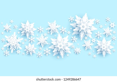 Realistic Banner with place for text template. Shine winter decoration with snowflakes, stars and balls.