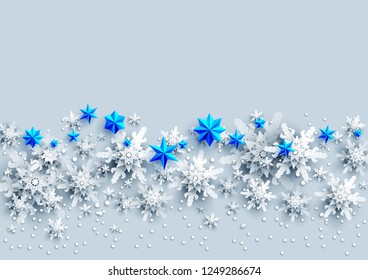 Banner realista con lugar para plantilla de texto. Decoración de invierno brillante con copos de nieve, estrellas y bolas.