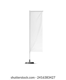 Banner stand realista, bandera de playa aislado 3d vectorial en blanco mockup con una cartelera textil rectangular limpia para marca personalizada, exhibición de gráficos y publicidad en un entorno costero