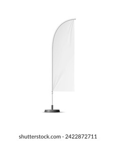 Realistic banner stand, beach flag white blank mockup, showcasing versatility and style. Isolated 3d vector modern feather-like promo display for customizable commercial designs that capture attention