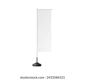 Realistic banner stand, beach flag isolated 3d vector mockup, showcasing white, rectangular fabric billboard designed for displaying brand, graphic, and advertising content in an outdoor environment