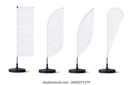 Realistic banner stand and beach flags for outdoor advertising, vector blank mockups. Beach flag banners, feather, bow or teardrop and rectangle shape stands on poles for ad promotion display