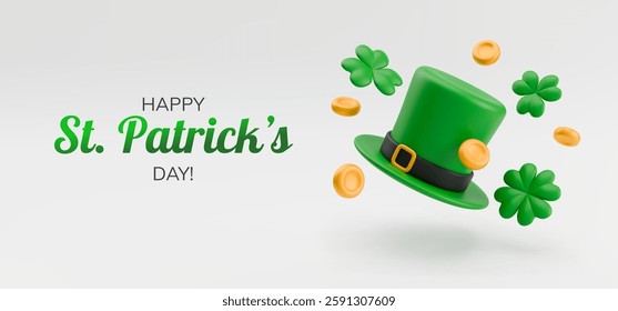 Realistic banner template for St. Patrick's Day. 3d style flyer with green leprechaun hat and flying gold coins and green clover leaves around. Vector lucky elements. Saint Patricks day concept