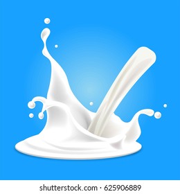 Realistic banner with white milk splashes pouring concept on blue