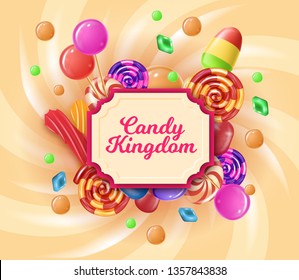 Realistic Banner Written in Frame Candy Kingdom. Vector Illustration on Background Cycle Caramel Fudge. Advertising Poster for Sale Candies Store. Collection Copyright Delicious Pastry.