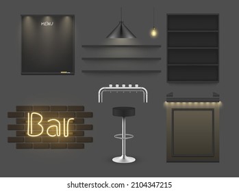 Realistic bar furniture set vector illustration. Night pub interior stool, menu chalkboard, lamps, shelves, draft beer, counter, lighting street signboard isolated on black. Nightclub furnituring