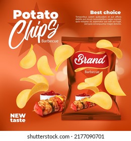 Realistic barbecue flavored potato chips snacks food package, vector red pack. Potato chips mockup or product background for advertising design, crispy chips with bbq meat flavour taste