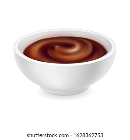 Realistic barbecue sauce in a round bowl isolated on white background. Dark brown grill condiment in 3d style. Side view, realism. Vector design illustration of ketchup for bbq