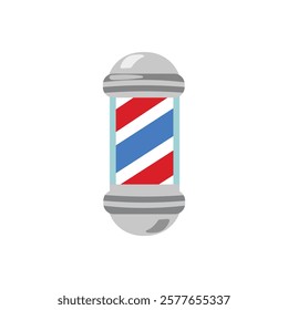 Realistic barber pole vector illustration. Old fashioned vintage silver and glass barber shop with red, blue and white stripes. Barber shop sign.