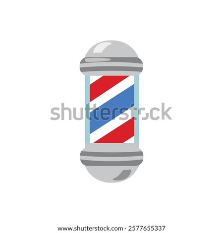 Realistic barber pole vector illustration. Old fashioned vintage silver and glass barber shop with red, blue and white stripes. Barber shop sign.