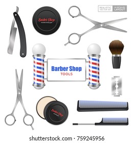 Realistic barber shop tools accessories set with scissors razor shaving brush moisturizing and soothing gels  vector illustration  