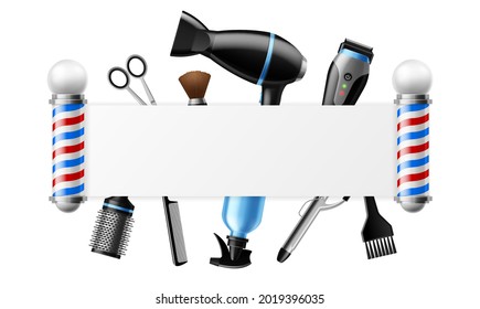 Realistic barber tools. 3D hairdresser professional objects. Salon or barbershop advertising frame. Hair care equipment composition. Hairstyle instruments and striped lamp. Vector concept