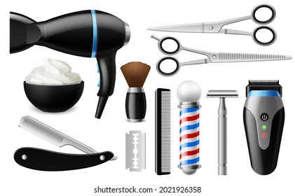 Realistic barber tools. Barbershop isolated objects, men beauty salon professional tools, shaving and fashion hairstyle items. Hair care, curling iron, scissors and combs vector 3d set