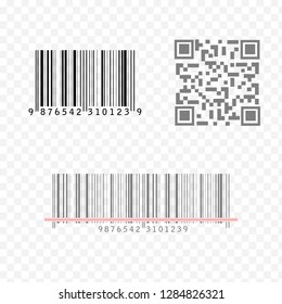 Realistic Barcode and QR code icon set isolated on transparent background. Bar code vector icon collection