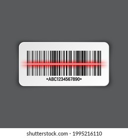 Realistic barcode sticker on gray background. Identification tracking code. Serial number, product ID with digital information. Store or supermarket scan labels, price tag. Vector illustration.