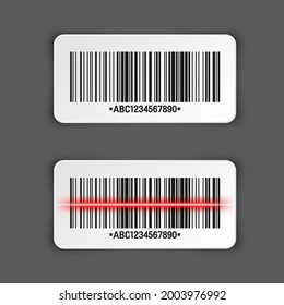 Realistic barcode sticker on gray background. Identification tracking code. Serial number, product ID with digital information. Store or supermarket scan labels, price tag. Vector illustration.