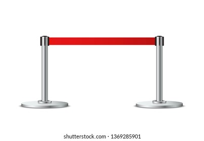 Realistic barrier fence with red tape. Metallic poles with red ribbon. Red carpet event entrance gate. VIP zone, exclusive entrance, closed event restriction, museum exhibition concept. Vector