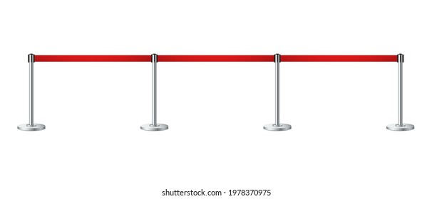 Realistic barrier fence with red tape. Red carpet event entrance gate, VIP zone, exclusive entrance, closed event restriction, museum exhibition concept. Metallic poles. Vector illustration