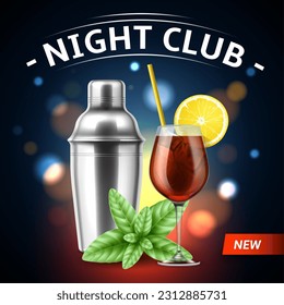 Realistic bartender poster. Night club banners, cocktail in glass goblet with ice cubes, lemon slice, shaker for cold beverages, tropical drink with straw, 3d isolated utter vector concept